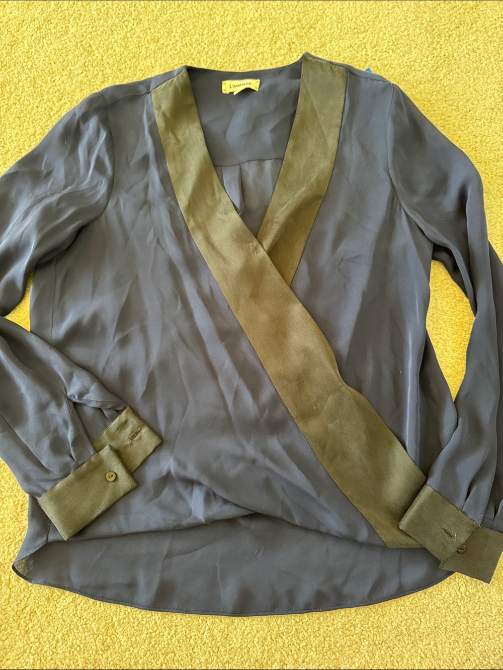L'AGENCE Navy Wrap Blouse with Black Trim